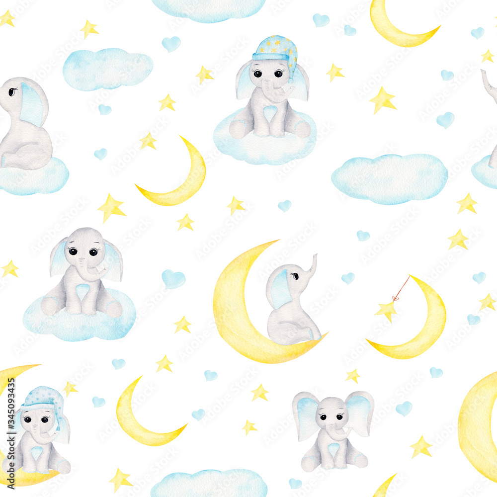 Kids watercolor elephant baby animal, clouds and half moon clipart. Nursery art illustration in trendy style.