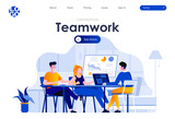 Teamwork flat landing page design. Colleagues sitting at desk and discussing ideas or brainstorming scene with header. Business meeting, formal negotiation or conference. Work process situation.