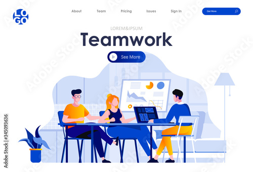Teamwork flat landing page design. Colleagues sitting at desk and discussing ideas or brainstorming scene with header. Business meeting, formal negotiation or conference. Work process situation.