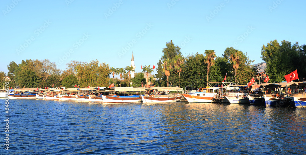 Dalyan River, Center Mosque and Boats in Mugla,Turkey