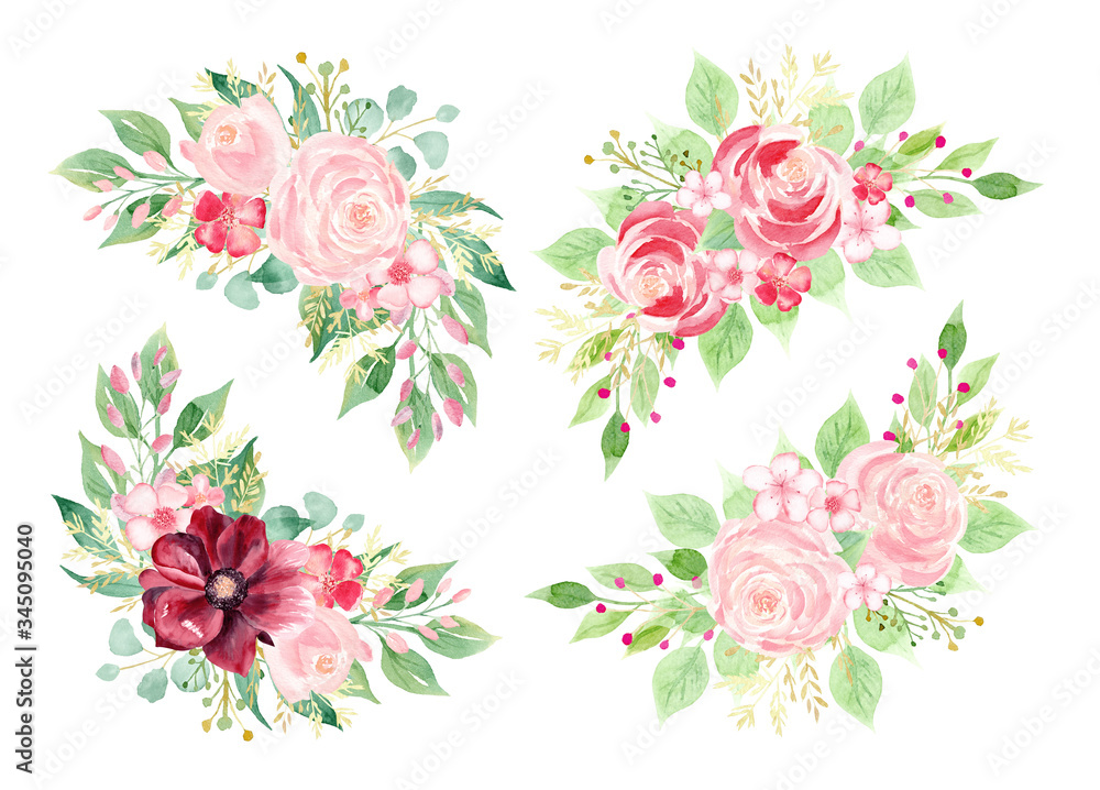 Hand painted floral elements set. Watercolor clipart. Illustration of pink and burgundy flowers and greenery leaves.