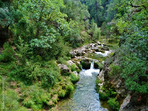 Impresionante paisaje de cascadas de agua y r  os que se abren paso entre el verde de la vegetaci  n y el bosque en las monta  as en el Parque Natural de la Sierra de Cazorla