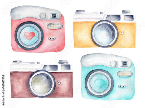 Vintage retro cameras watercolor clipart. Illustration for photography logo, card, design. Hand painted artwork.