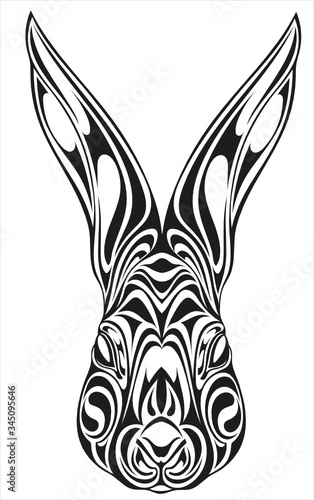 Black and white stylized image of a muzzle of a rabbit for tattoo and other.