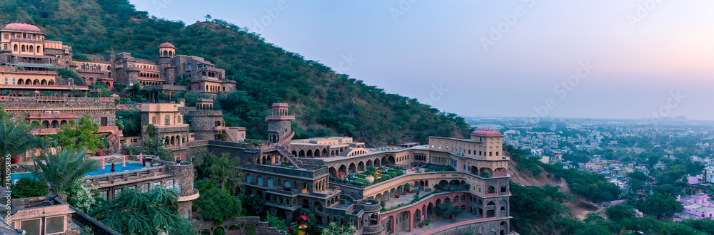Neemrana, India - November 3 2018: Neemrana Fort Palace panorama in Neemrana Rajasthan India