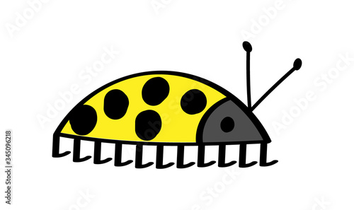 yellow beetle with round black dots and antennae on a white background. imitation of children's drawing. flat style