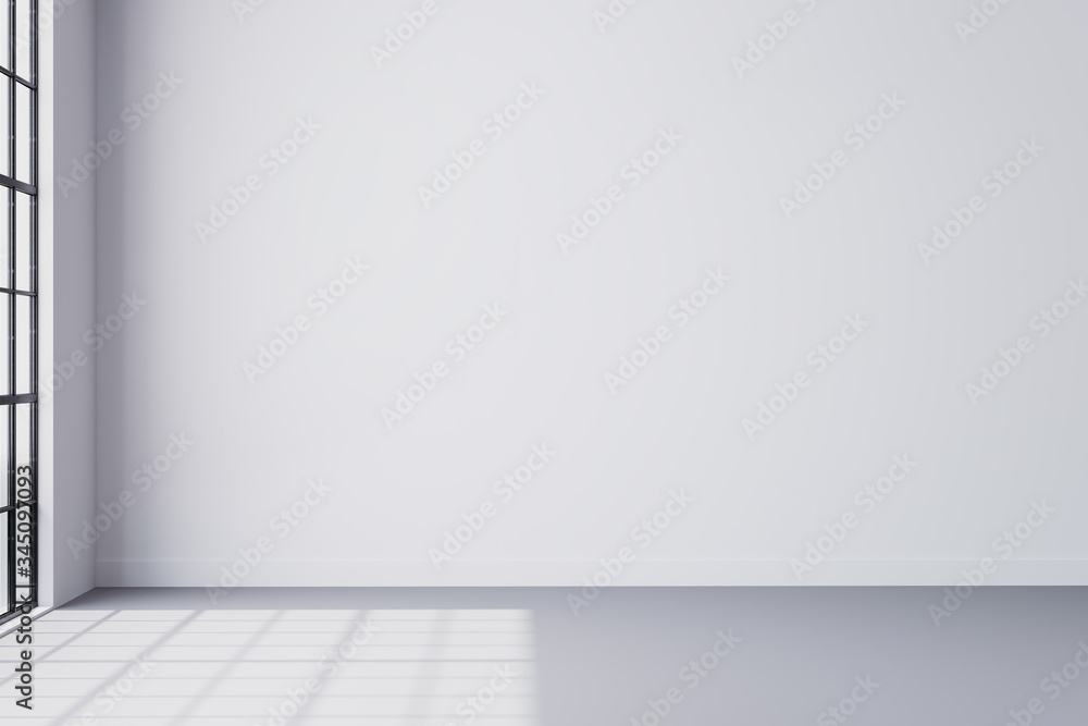 Empty room interior 3D render, white wall and gray floor with big size window, Sunlight Empty room interior 3D render, white wall and gray floor with big size window, Sunlight