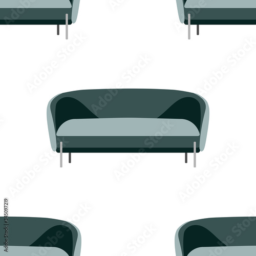Seamless pattern of furniture  room interior elements. Cartoon stock vector pattern of classic home accessories - sofas, isolated on white background.