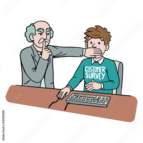 the boss covers his employees' mouths. secret, comic, tyranny.