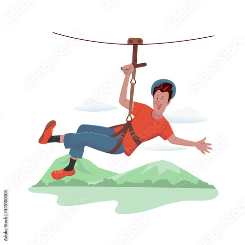 Cheerful man is descending on a rope at an attraction Zipline. Vector isolated illustration with texture in cartoon style.