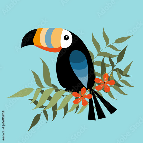 Cute tropical bird Toucan, and palm leaves, hibiscus, on turquoise color background. Vector illustration.