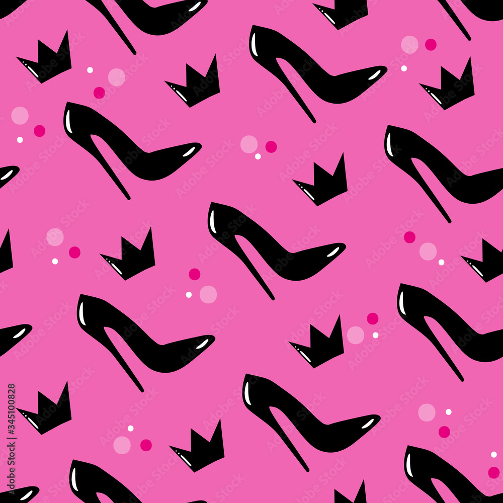 High heels shoes seamless pattern, with crown, on pink background.
Good for textile print, wall and wrapping paper. High heels shoes seamless pattern, with crown, on pink background.
Good for textile print, wall and wrapping paper.