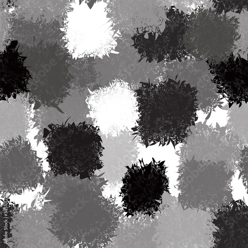 Seamless grunge stain pattern with rough circle elements in black, white, grey colors
