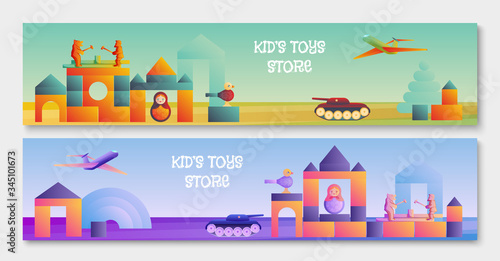 Banner for a children's toy store. Illustration of traditional russian toys