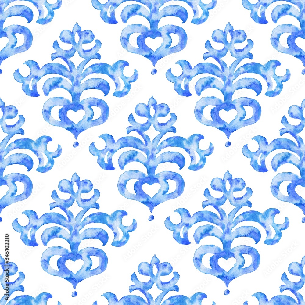 Hand draw blue watercolour seamless pattern, ornamental repeating background. Vintage illustration. Hand draw blue watercolour seamless pattern, ornamental repeating background. Vintage illustration.