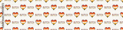 Cute butch lesbian heart with text cartoon seamless vector border. Hand drawn isolated pride for LGBTQ blog. Gay love on stripe background all over print. Masculine female community tolerance tile. 