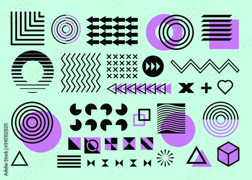 Vector Memphis set, collection of design elements.Isolated on cyan background. Flat design black and purple, arrows, circles, zigzag, waves, triangles squares.