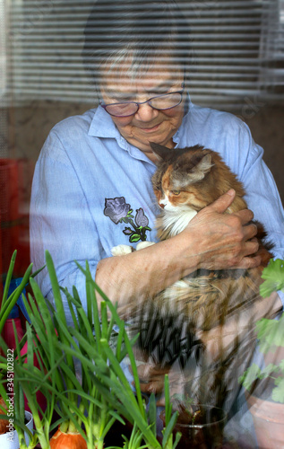 Portrait of an elderly woman standing at the house and looking out the window. Age  80+. A woman holds a cat in her arms. The view through the glass. Green onions grow on the windowsill.  Quarantine