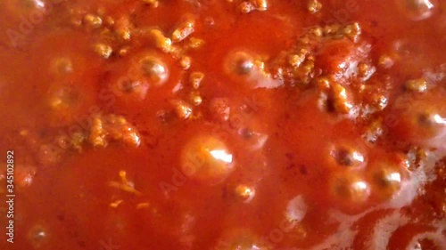 Close up of tasty bolognese sauce (ragù alla Bolognese). Typical sauce for Italian pasta