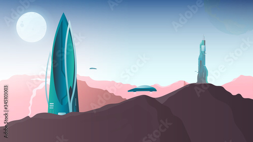 City of the future with unusual buildings. City on Mars. Flying transport. Fantasy. Vector.
