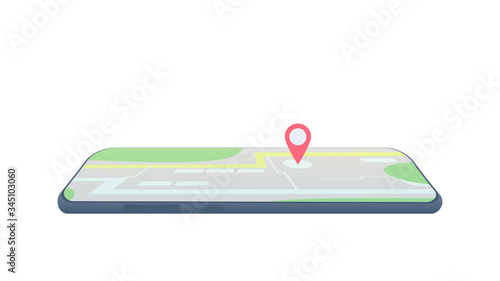 Map in the smartphone. A point on the map. The concept of delivery, arrival on the route. Isolated. Vector.