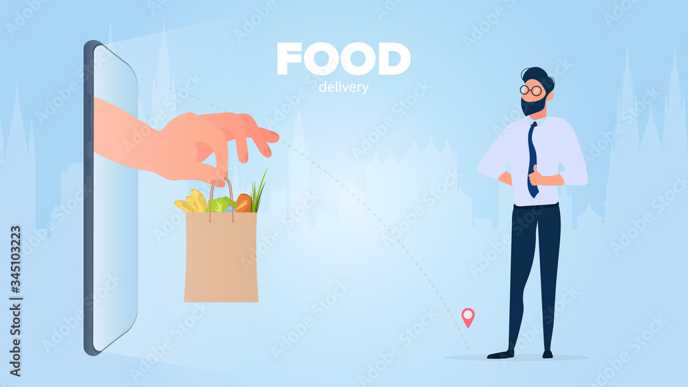 Food delivery banner. Hand gently holds a paper bag with products. Online shopping concept, mobile phone and hand hold products. A man receives his order. Vector.