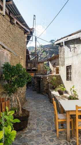 Old hauses and narrow streets of Kakopetria village in Cyprus.