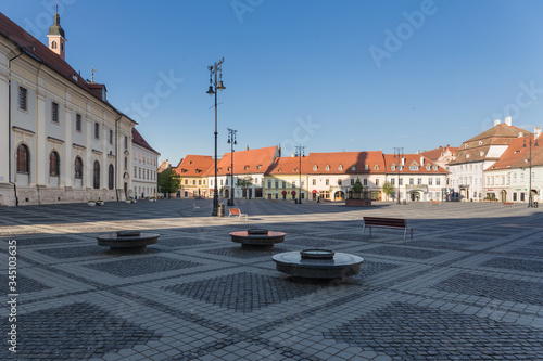 Empty Great Square in Sibiu on a beautiful spring afternoon.