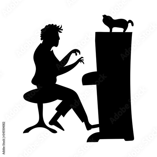 Silhouette of a pianist with a kitty. The musician plays the piano.