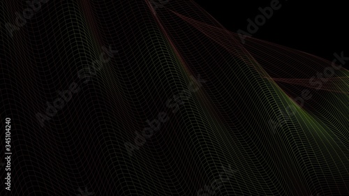 Waving colorful grid moving over black background - 3D rendering illustration