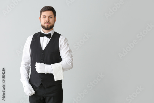 Handsome male waiter on gre...