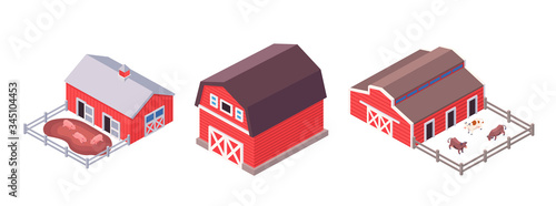 Isometric farm buildings set isolated on white
