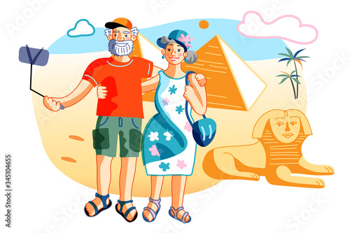 Mature married couple tourist visit Egypt pyramid