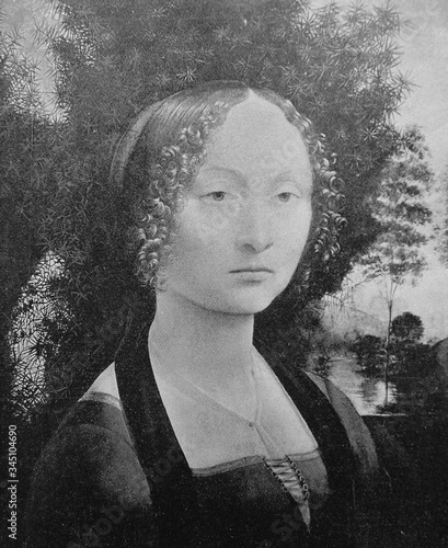 Foto Portrait of Ginevra de Benci by Leonardo Da Vinci in a vintage book Leonard de Vinci, author A