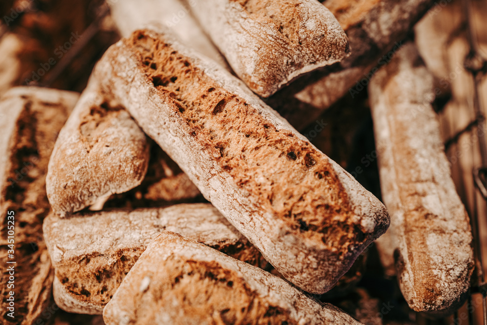 Freshly baked french bread at the bakery Freshly baked french bread at the bakery