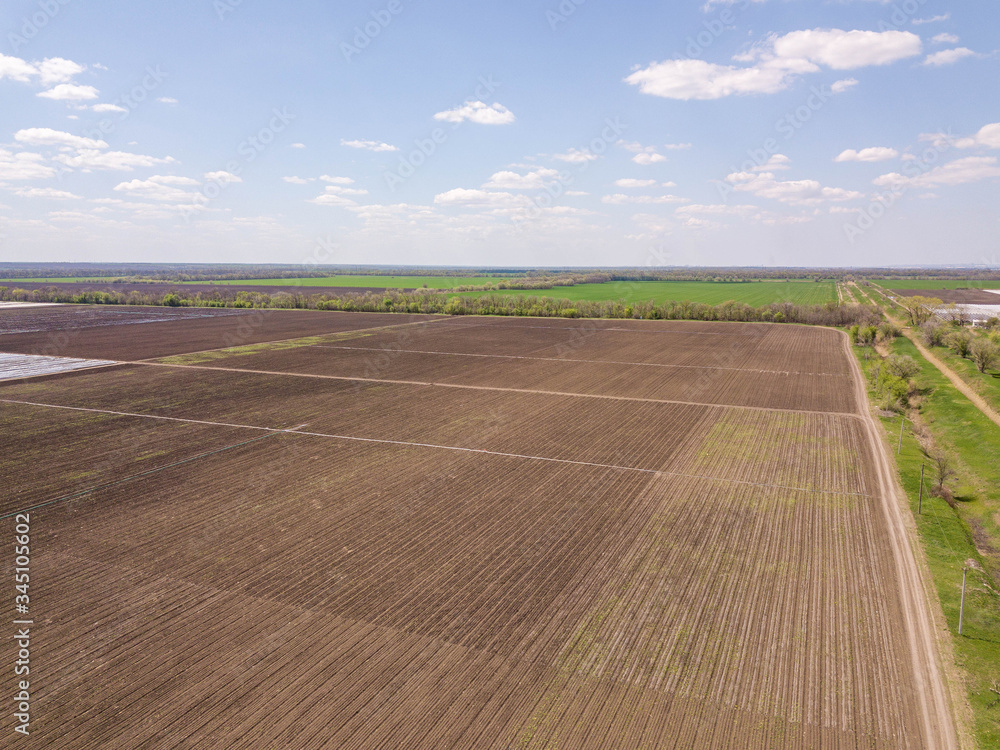 Agriculture farm crop field. Aerial drone panorama photo.