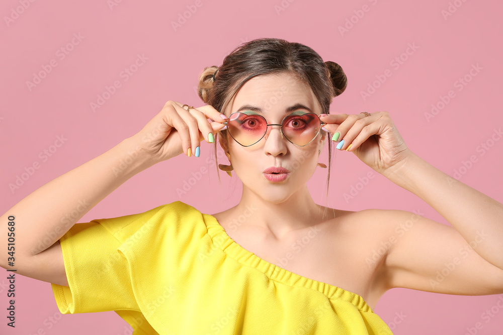 Young woman with beautiful manicure on color background Young woman with beautiful manicure on color background