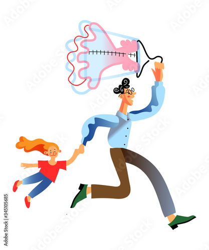 Vector illustration father with daughter hurry