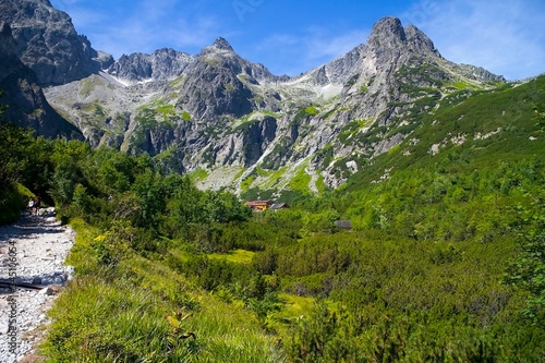 Cottage by the Green lake in the Valley of the Green lake with Tatra peaks - Jastrabia tower, Kolovy shield, Karbunkulovy ridge, Cierny shield and Pysny shield.