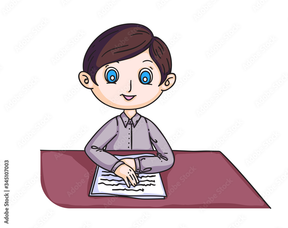 Vector character illustration of boy looking in open notebook