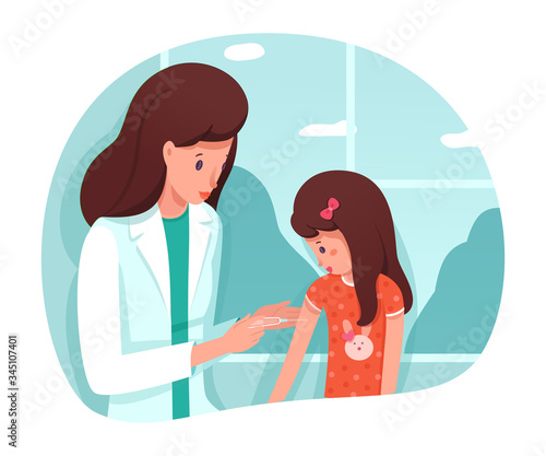 Preventive vaccination for children at hospital. Doctor vaccinating girl child. Pediatrician making injection. Medical treatment, disease prevention, healthcare and immunize. Vector illustration.