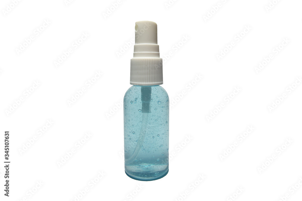 Blue alcohol gel in spray bottle package with white head and white isolated for hand cleansing Blue alcohol gel in spray bottle package with white head and white isolated for hand cleansing