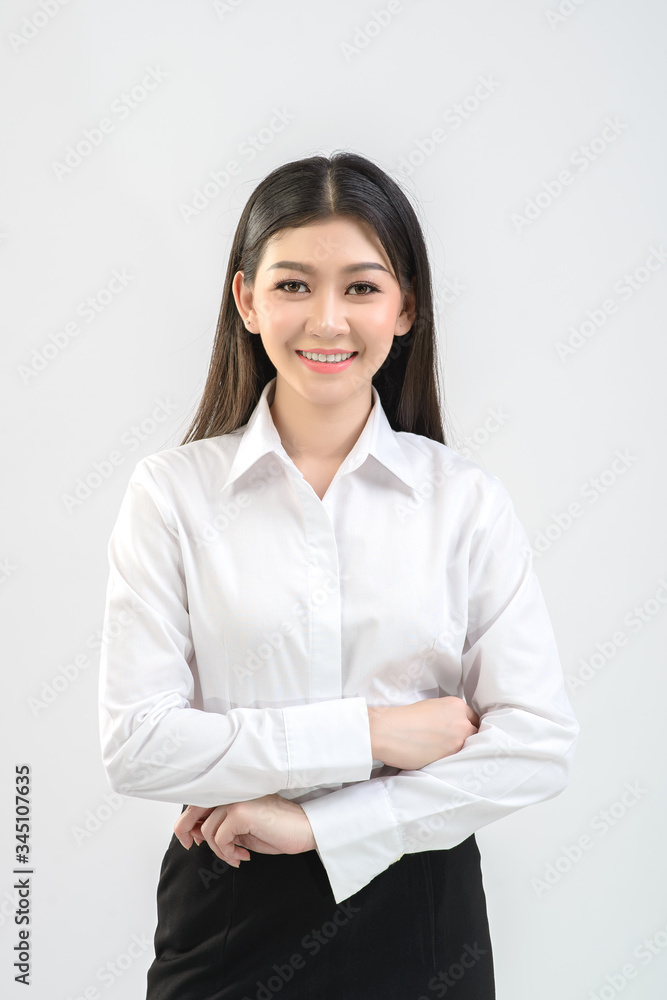 Office girl, online merchant is offering products on white background. Business, online trading, presenter concept. Office girl, online merchant is offering products on white background. Business, online trading, presenter concept.