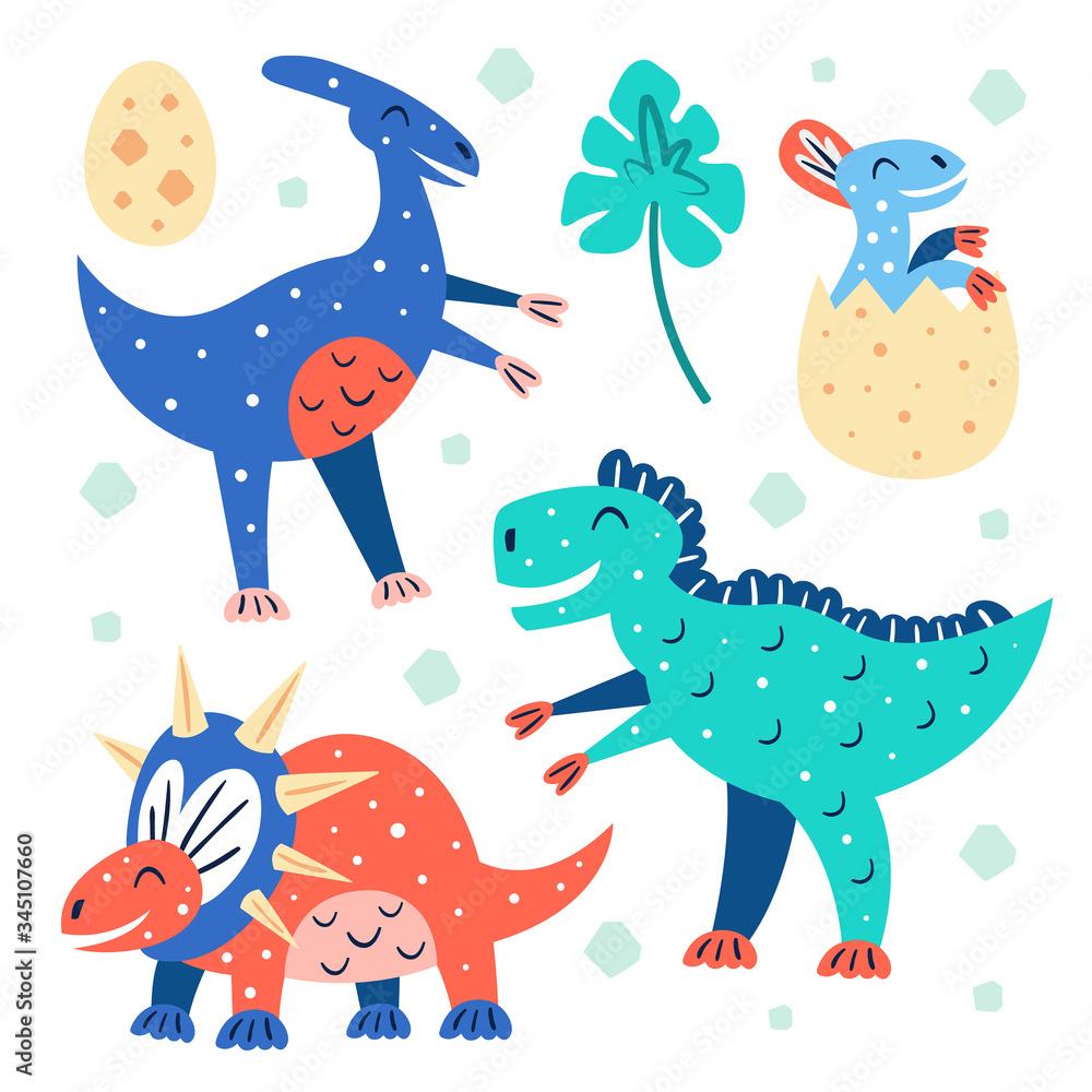 Set of little cute dinosaurs. Triceratops, T-rex, diplodocus, pteranodon, stegosaurus. Prehistoric animals. Jurassic world. Flat colourful vector illustration, art isolated on white background. Set of little cute dinosaurs. Triceratops, T-rex, diplodocus, pteranodon, stegosaurus. Prehistoric animals. Jurassic world. Flat colourful vector illustration, art isolated on white background.