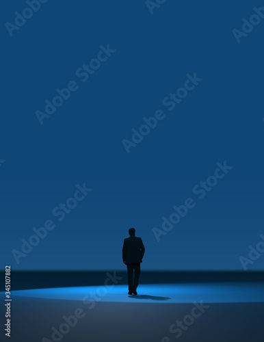 The Figure of a Man Walking Alone in a Blue Space. The Concept of Novelty  Pioneering  Business Confidence in a New Era. 3D Render.