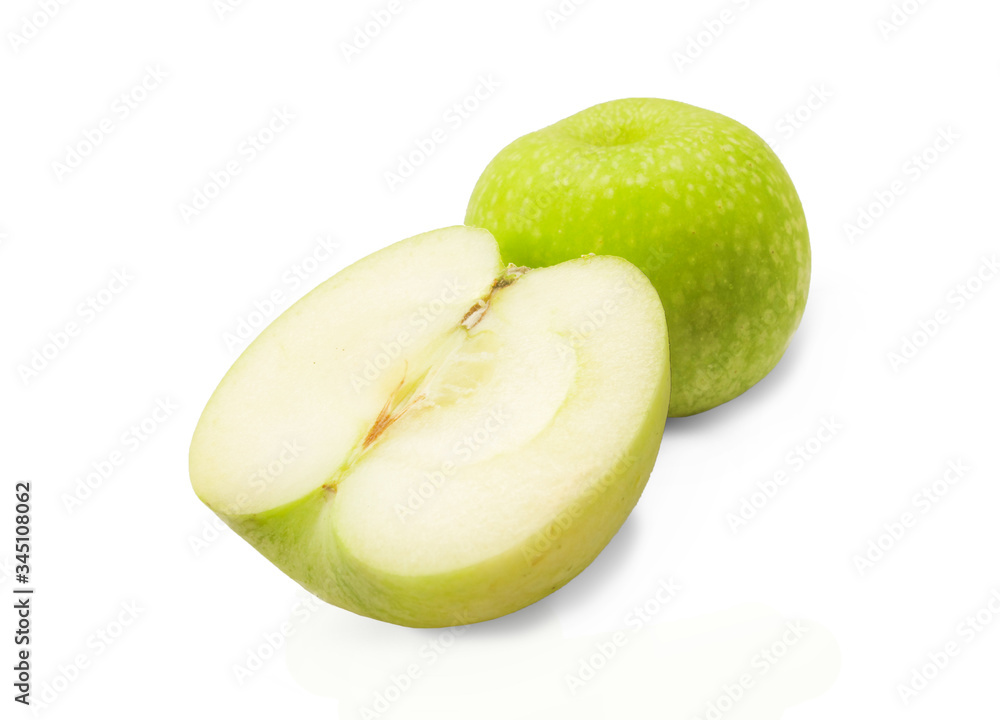 Green apple on white isolated with half cutting pieces