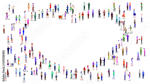 A large group of people stand together in the shape of heart. Vector illustration. Isolated, white background.