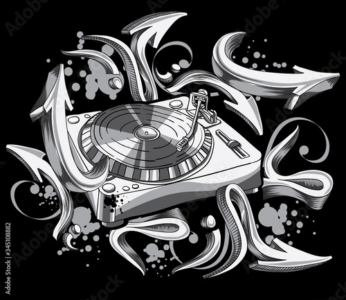 Funky black and white turntable and graffiti arrows