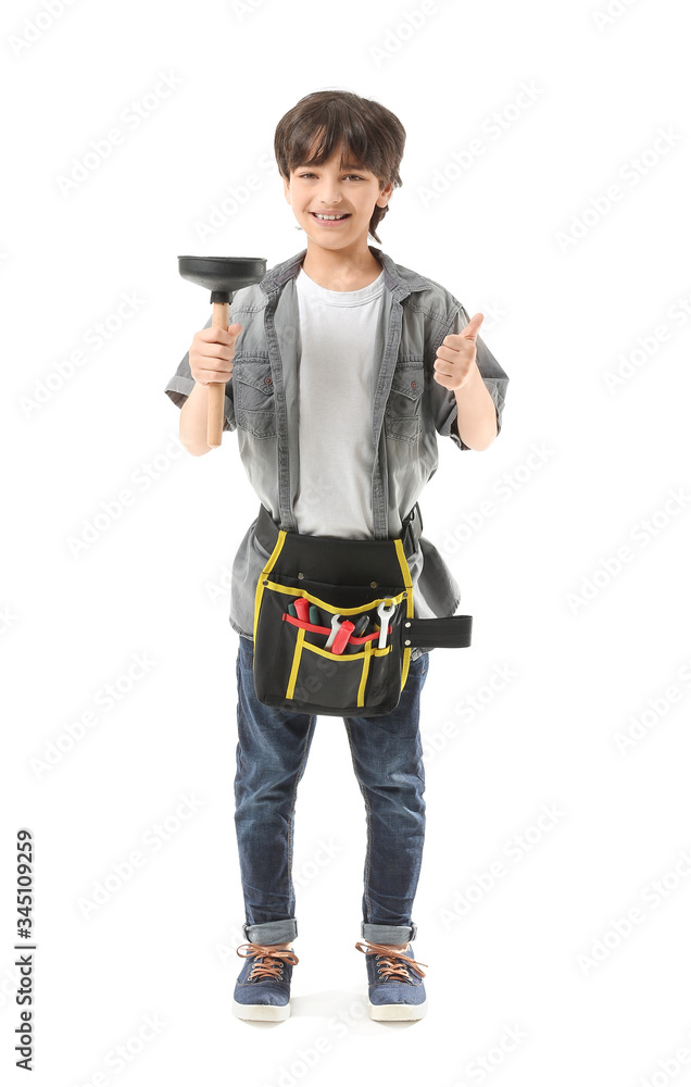 Portrait of little plumber showing thumb-up gesture on white background Portrait of little plumber showing thumb-up gesture on white background