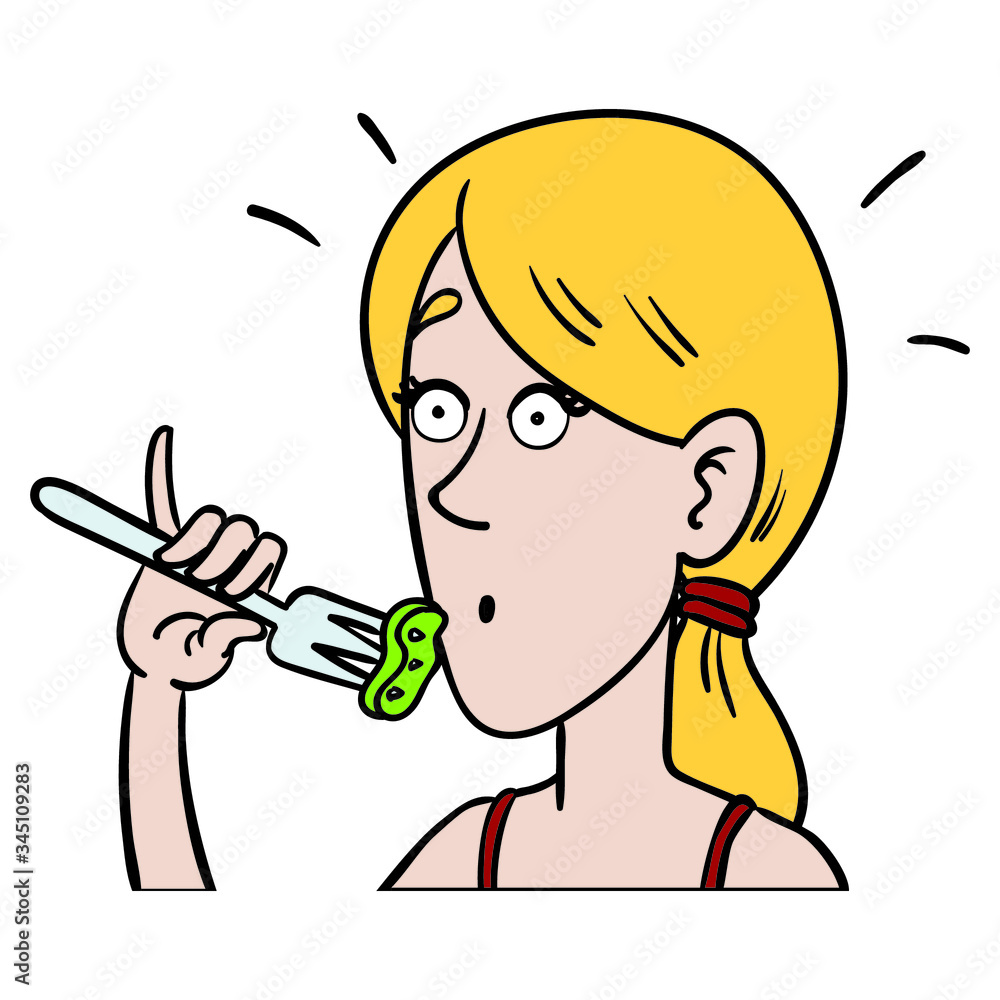blonde woman with fork looks surprised. comic, funny, diet, isolated. blonde woman with fork looks surprised. comic, funny, diet, isolated.